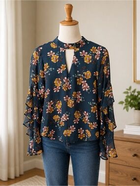 Lily White Navy Floral Ruffle Bell Sleeve Keyhole Blouse Size M